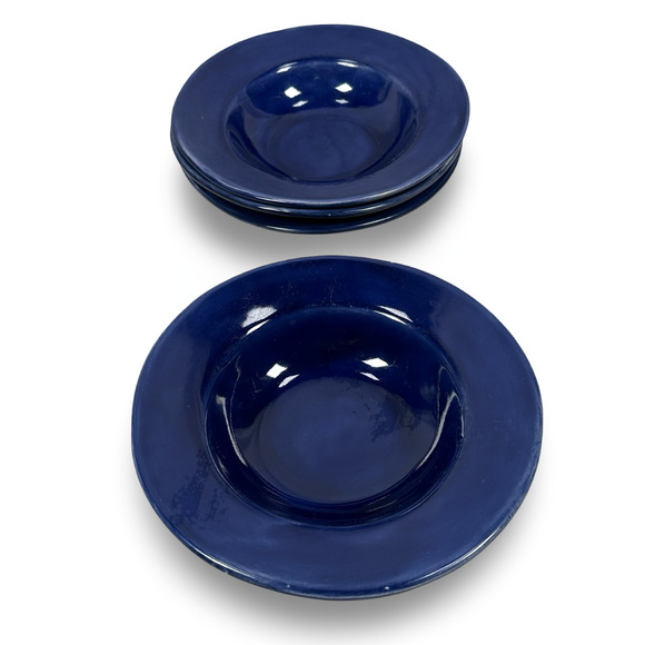 Pottery Barn Sausalito Large Rim Soup Bowl 10" Sapphire Blue Round Lot of 4 - Picture 1 of 6